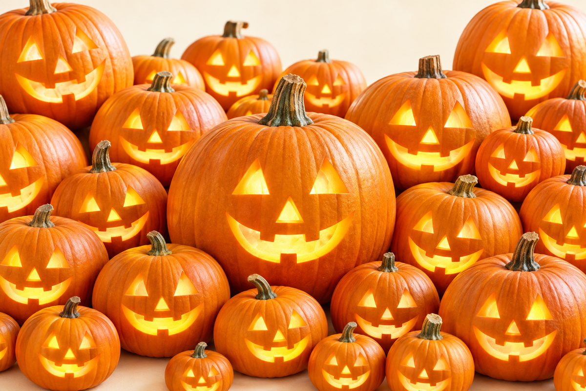Citrouilles d’Halloween sculptées et lumineuses partout dans l’image